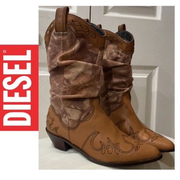 DIESEL- BOOTS- LEATHER/CANVAS WESTERN COWBOY BOHO CHIC GRUNGE SIZE 8 VTG RARE - Picture 1 of 16